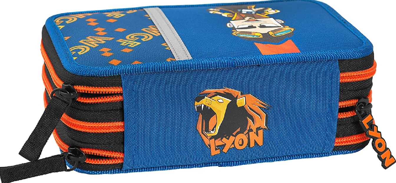 Panini LYON Astuccio Tre Zip completo di cancelleria Blu e Arancio