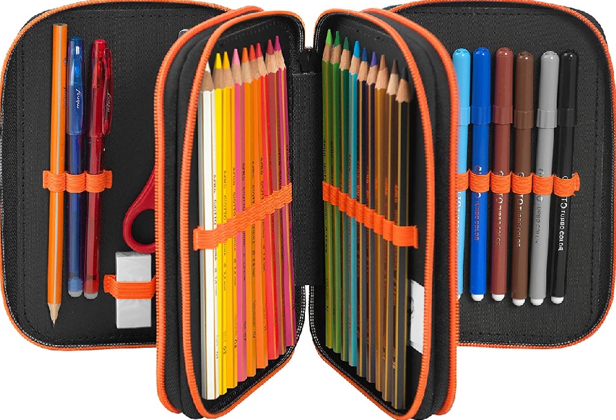 Panini LYON Astuccio Tre Zip completo di cancelleria Blu e Arancio